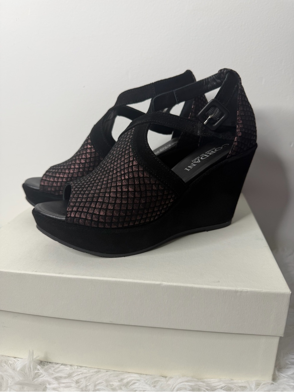 Cordani Black and Metallic Rose Textured Wedge Sandals